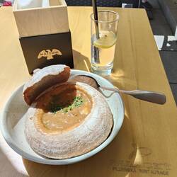 Lunch was goulash soup in bread. Yummy. Drink was Becherovka and tonic, which was quite nice