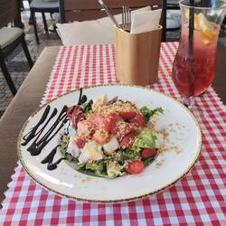 Yummy goats cheese salad with raspberries and strawberries in it!!
