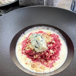 House-made beetroot tagliolini with Roquefort cheese and cashews. Divine.