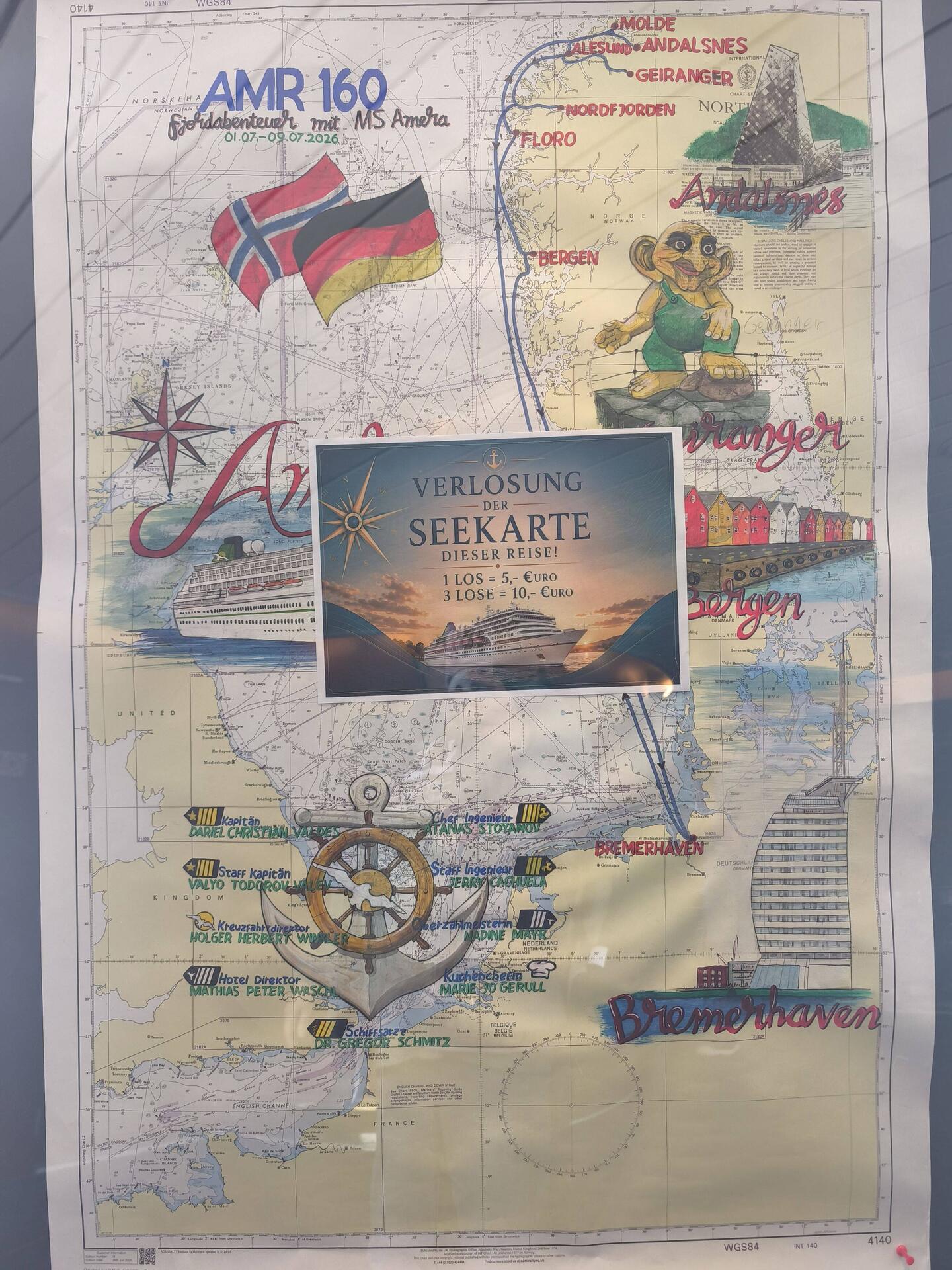 Unsere Schiffskarte, sie wurde zum Ende der Reise verlost