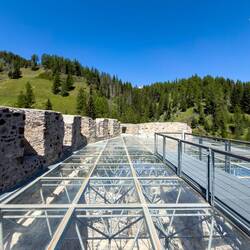 The roof walkway over the glass ceiling ... Castello di Andraz — Livinallongo del Col di Lana, Italy