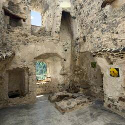 Kitchen ... sink (lower left); fireplace & chimney (center) — Castello di Andraz —