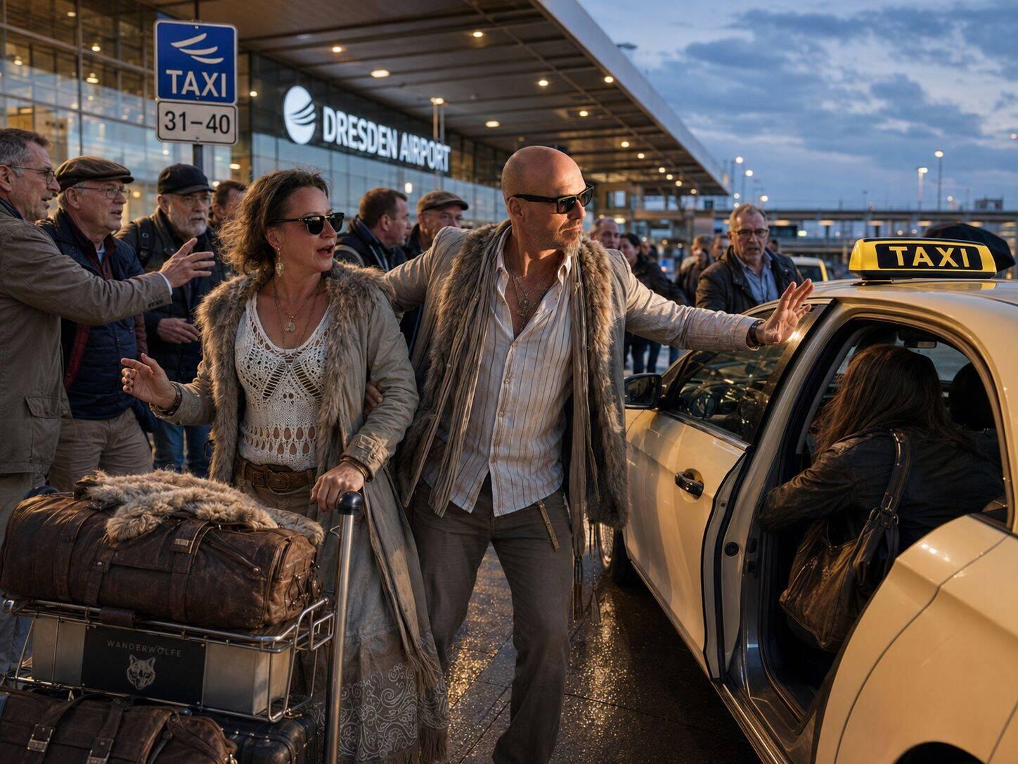 KI-Bild: Kampf ums nächstbeste Taxi vor dem Flughafen Dresden
