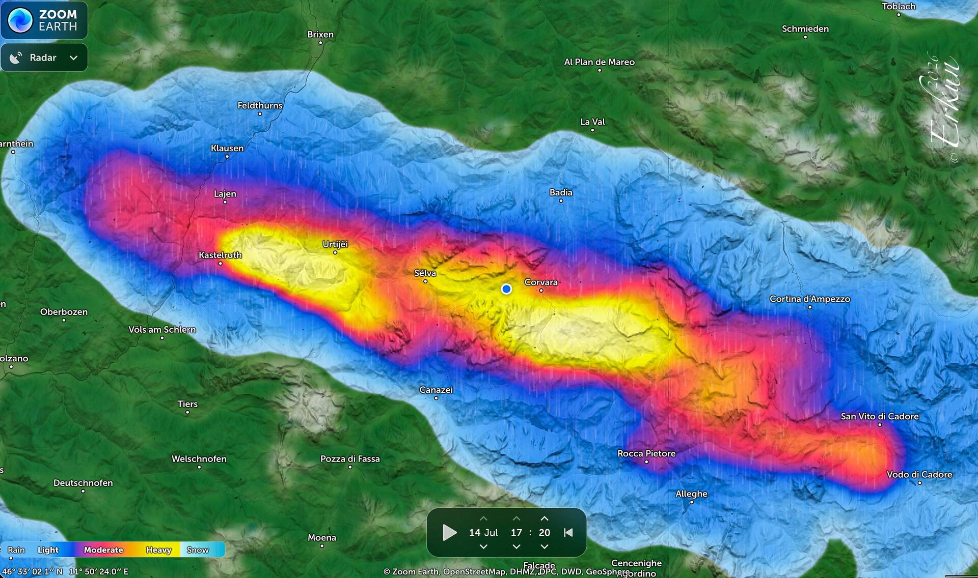 Screenshot of the radar image from Zoom Earth as the storm moves over us — Colfosco, Italy.
