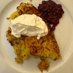 Lunch was potato cakes with sour cream and other toppings. Cranberry jam and applesauce for me.