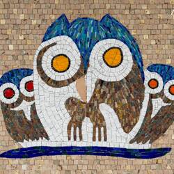 An appropriate mosaic mural at the 'Refuge of the Owls' — Pralongià Plateau, Dolomiti.