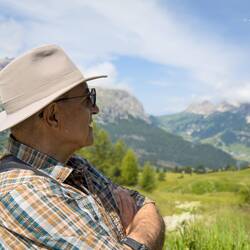 Enjoying the view from a bench along the way — Pralongià Plateau, Dolomiti.