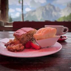 Apple strudel with vanilla ice cream ... Edelweiss Hut — Colfosco, Italy.