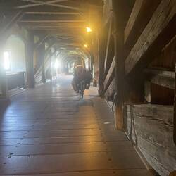 Old covered wooden bridge to Switzerland