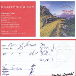 Order card in the Nördlinger hut