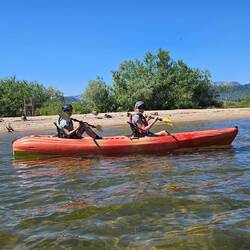 Liz and DJ cruise close to shore to say hello to the Canada geese