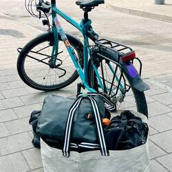 Hamburg Flixbus-Hauptbahnhof. Gepäck stilecht in Ikeatasche verstaut.