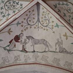Hl. Petrus in Gestalt eines jungen Lehrlings hilft Schmied Eligius beim Beschlagen eines Pferdes
