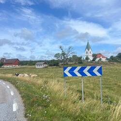 Kirchlein auf Tjörn mit Schild und Kühen