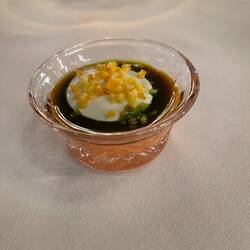 Sun-dried tomato custard with basil oil and parm cream