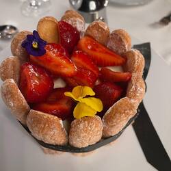Cheesecake, almond cake, ladyfingers, strawberries with coulis