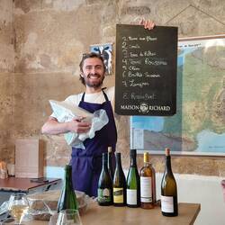 Max with the 'cheese board' and a large wedge of Comte cheese under his arm