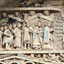 the Virgin leads St. Peter, Hermit Dadon (founder), and Charlemagne (donated land)