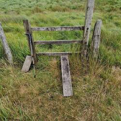 Broken stile between 2 of the fields with tall wet grass