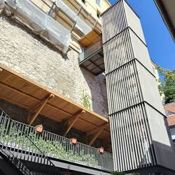 This is the lift in our quadrangle that takes people up into the castle walls for the exhibition