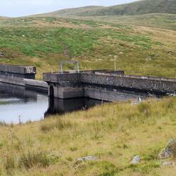 Lakeside view of Llyn Egnant dam