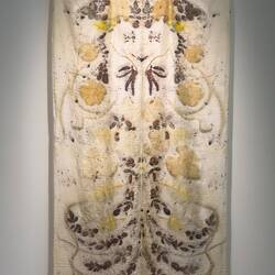 The Vine; each leaf releases its natural tannins, imprinting itself on the fabric; by Chiara Camoni.