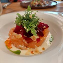 Smoked salmon with local goats cheese cream and herb salad