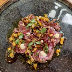 Beef tataki with coriander and mango sauce
