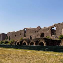 Glimpse of the ruins of the Baths of Caracalla ... restoration work is underway — Roma, Italy.