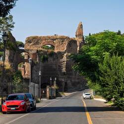 Glimpse of the ruins of the Baths of Caracalla from Via Antonina — Roma, Italy.
