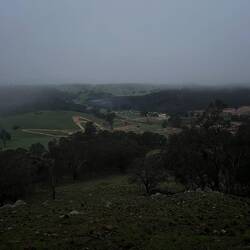 View of camp from the base of the rock before the mist moved in