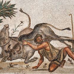 "Ploughman with Oxen" (ancient Roman mosaic; 3rd-4th century) — Palazzo Corsini, Roma.