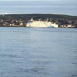 Ferry Hamnavoe departs Stromness astern of us