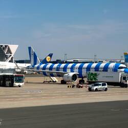 Condor Airlines has interesting livery; we also saw green, orange, and beige striped planes — FRA.