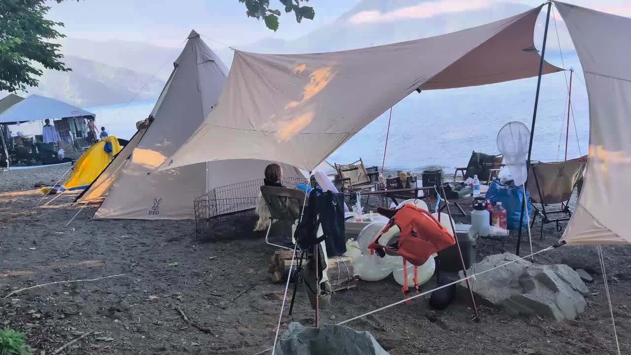 Campsite on the shoreline at Lake Shintoku