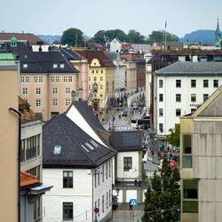 Glimpse of Småstrandgaten from the terrace ... we'll be walking in that direction later — Bergen.