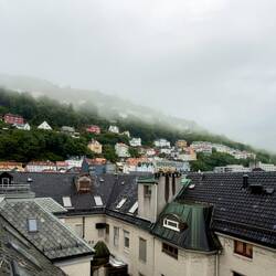 Looking back at the hills behind the apartment building — Bergen, Norway.