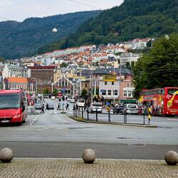 The white-trimmed building at the far end is Kjøttbasaren, a restored meat market from 1875 — Bergen