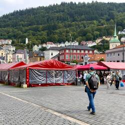 Mui heading over to the Fisketorget (fish market), which dates to the 1200s — Bergen, Norway.