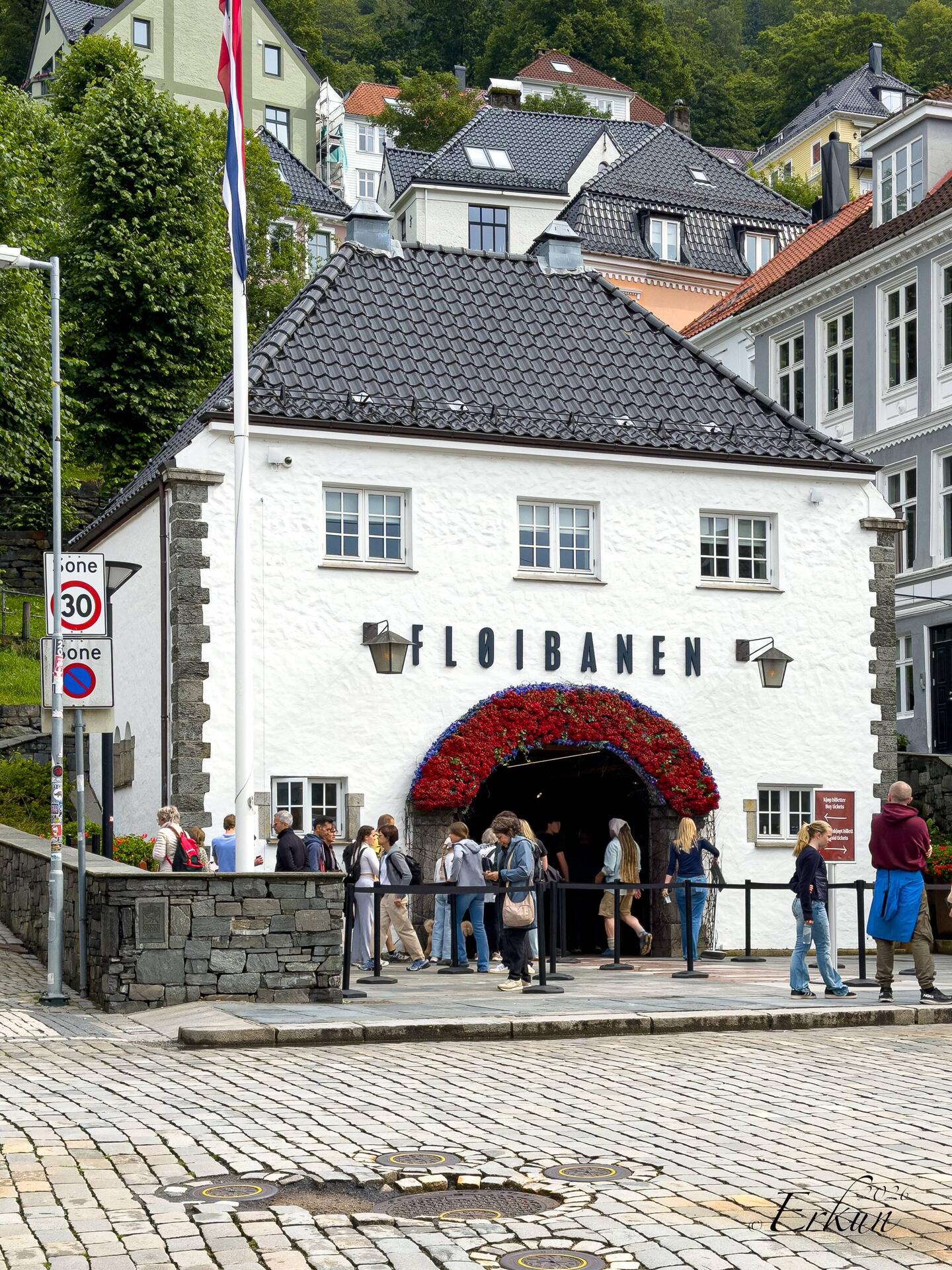 The city station for the funicular to the top of Mt Fløyen — Bergen, Norway.