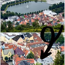 The arrow points to our apartment way down there — Bergen, Norway.