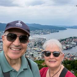A "we made it up to Mt Fløyen" selfie — Bergen, Norway.