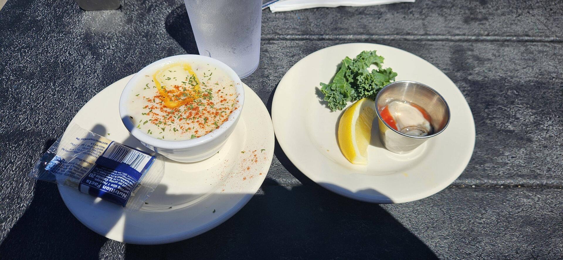 Side of clam chowdere and oyster shooter for Josh