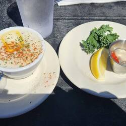 Side of clam chowdere and oyster shooter for Josh