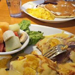 Sub par eggs benedict for Josh (eggs overcooked) and 2x2 for Emma