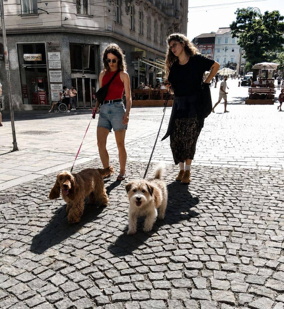 It was so good of that lady to pose exactly like she is taking Roxy for a walk.