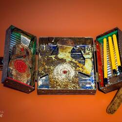 "Unknown Soldier" (Konrad Mehus; 2024); upcycled iron, tin, leather, & wood ... Kode Art Lysverket.