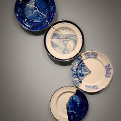 "By a Waterfall" (Paul Scott; 2018); upcycled earthenware plates, decals, kitsugi repairs (gilding).
