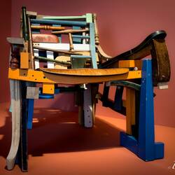 "Return" (Erlend Leirdal; 2011); upcycled chair parts, wood & veneer ... Kode Art Lysverket.