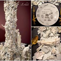 War & Pieces Detail (B. de Vries); porcelain shards; transfer-printed porcelain; gilded/cast steel.